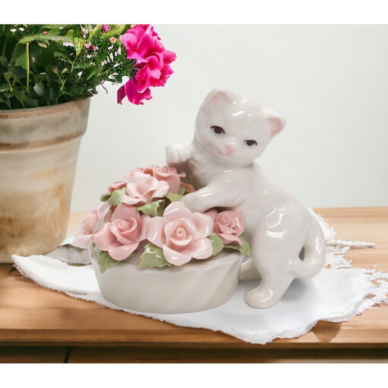 Ceramic Kitten With Flowers Pot Figurine, Home Decor Gift Idea or Home Décor
